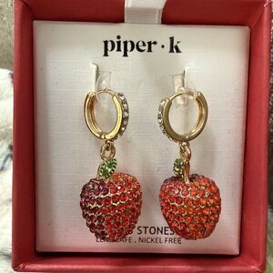 Piper K Gold Tone Huggie Hoop Earrings With Red Crystal 3D Apple Charm Teacher